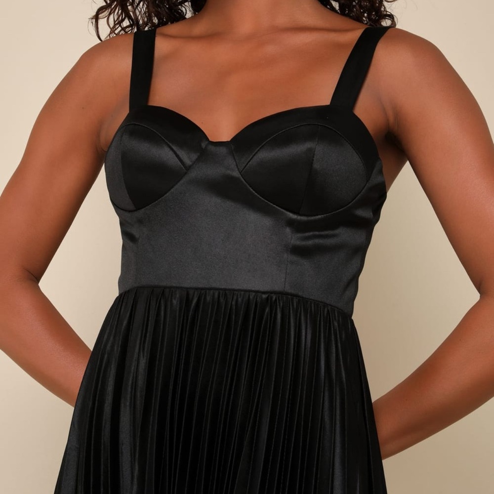 Lulus pleated black satin gown dress - size L (10-12) Elegant Black Satin Dress